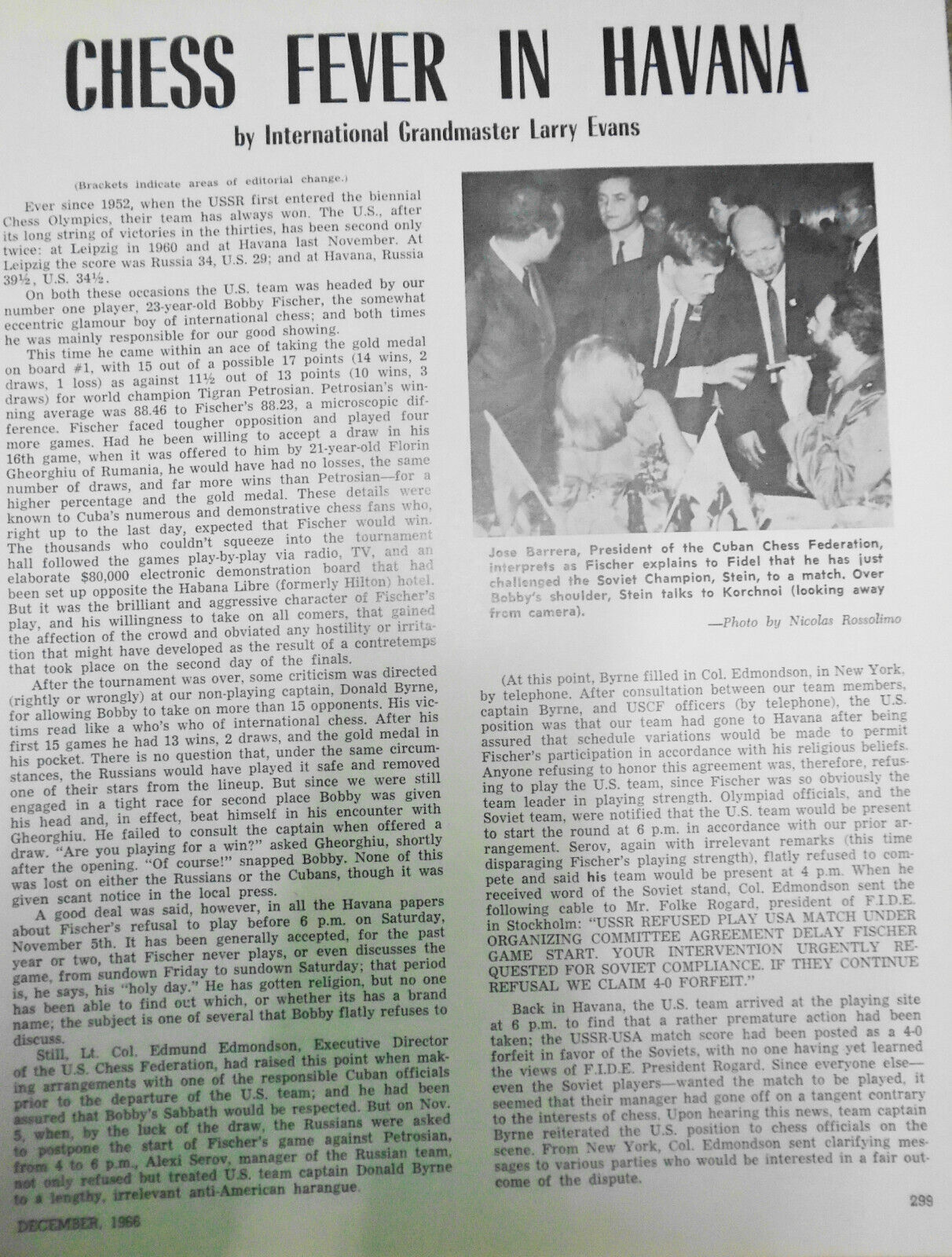 Chess Life, December 1966 -  Bobby Fischer with Fidel Castro - challenges Stein