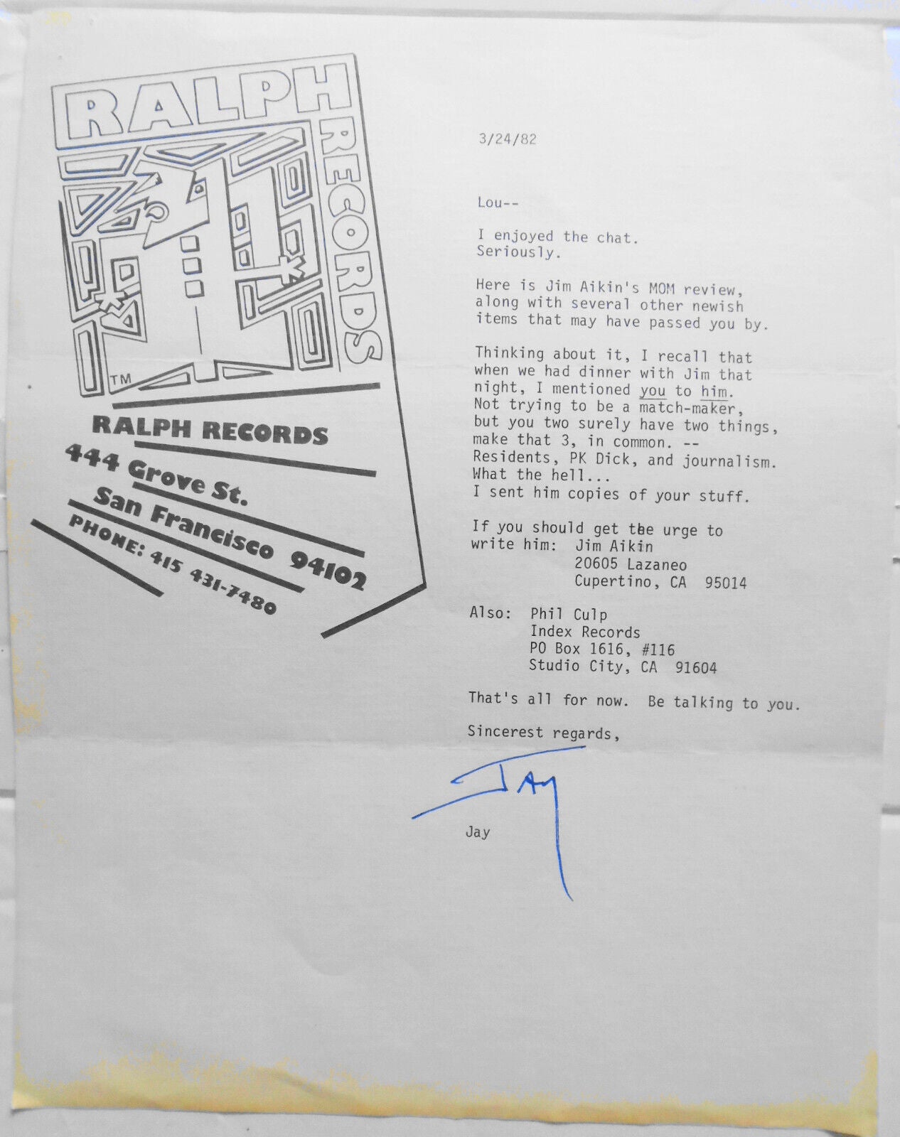 Jay Clem SIGNED letter 1982 - original member of The Residents.