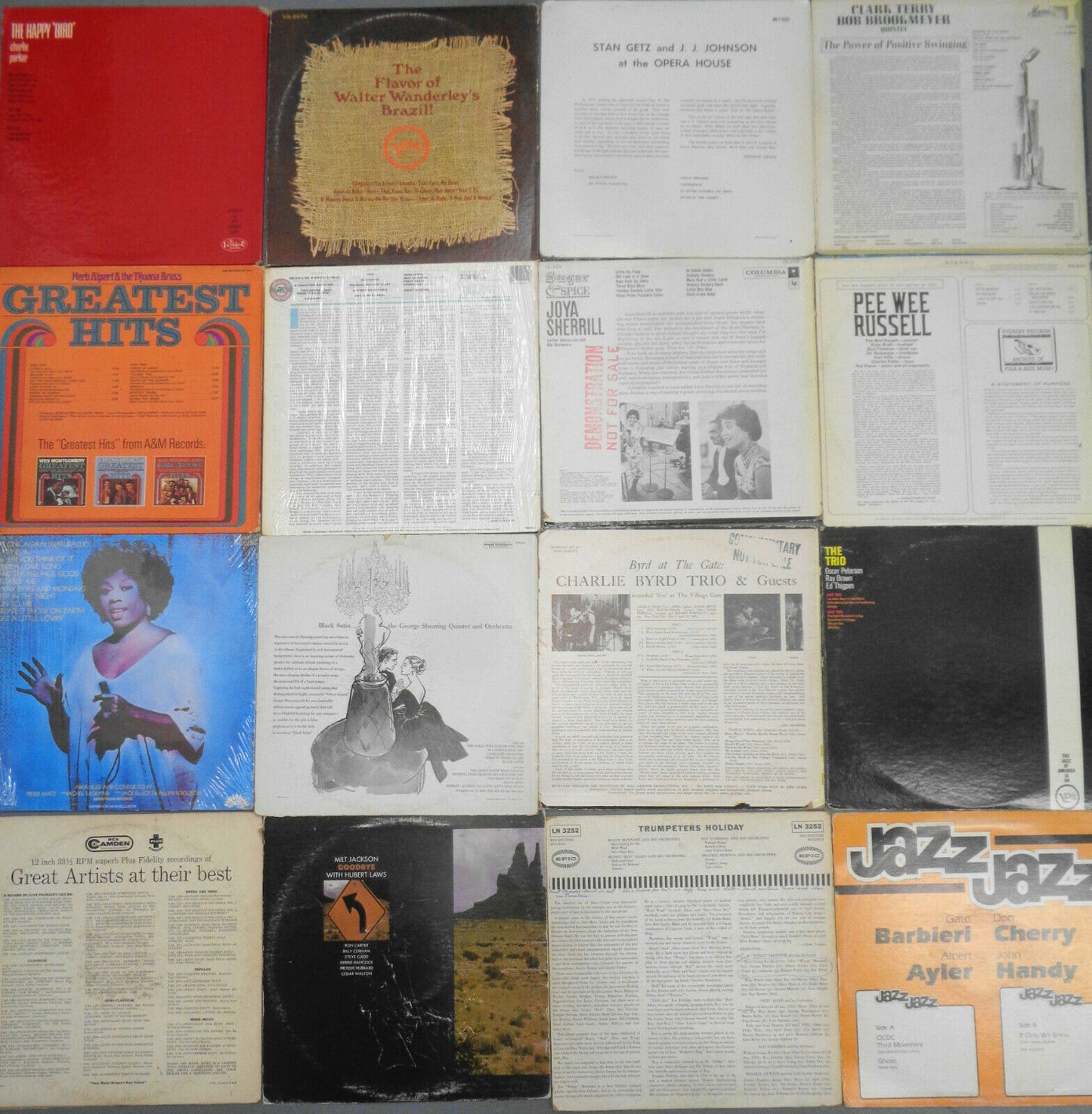 16 Jazz LPs Lot: Bird JJ Getz Terry Oscar MJQ Eldridge Sassy Gato Pee Wee Joya..