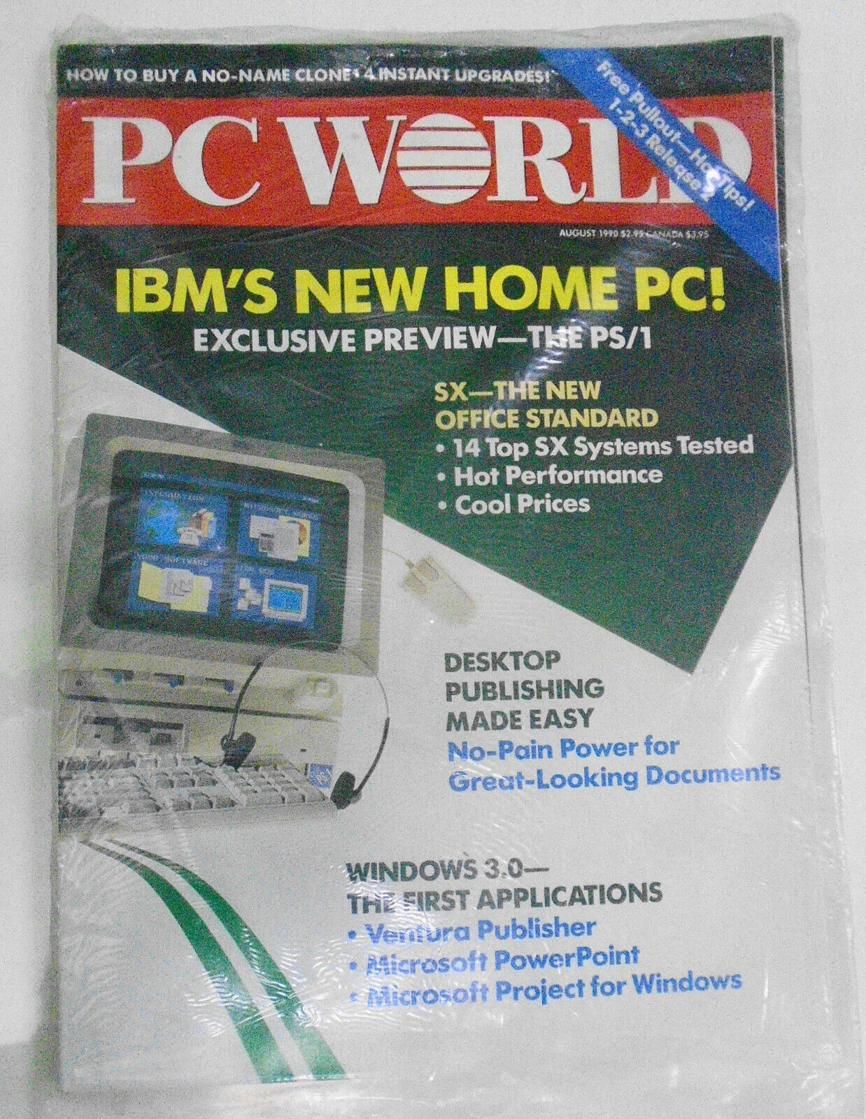PC WORLD Magazine, August 1990. New, shrinkwrapped. Introducing IBM PS/1