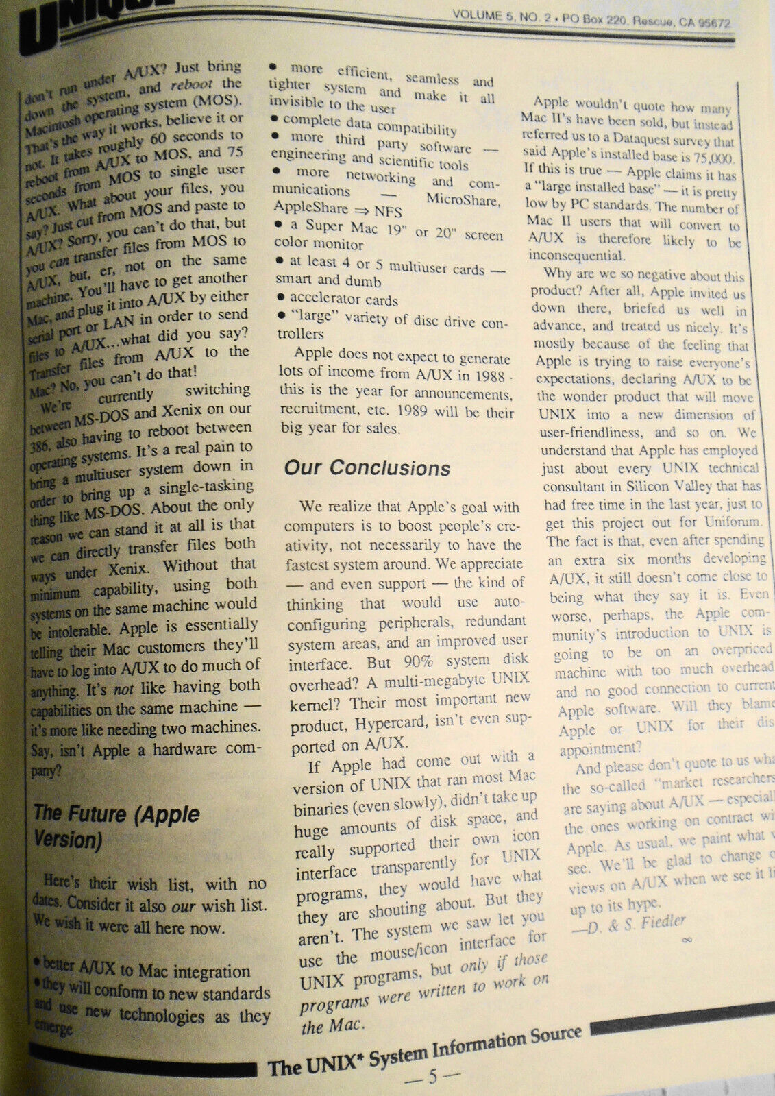 UNIQUE: The UNIX System Information Source  Jan 1988 - Apple A/UX; OS/2 & UNIX