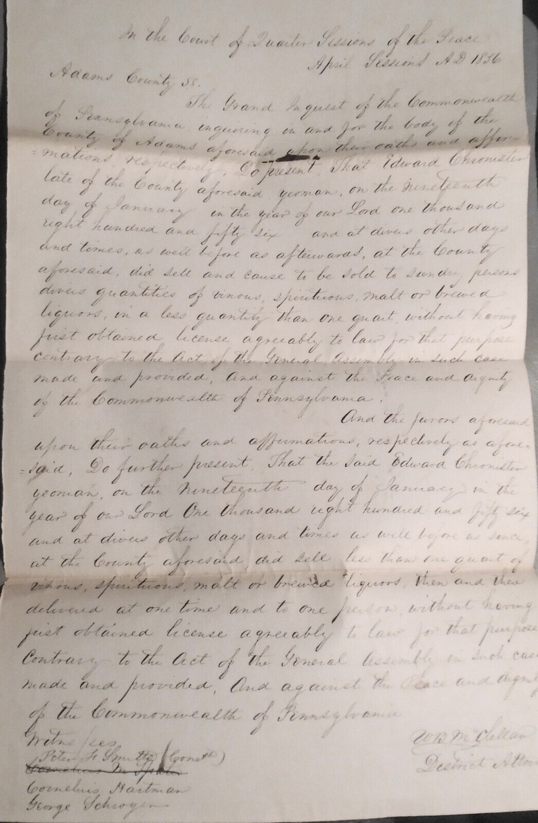 1856 Selling Liquor without license Inquest - Edward Chronister, Adams County PA