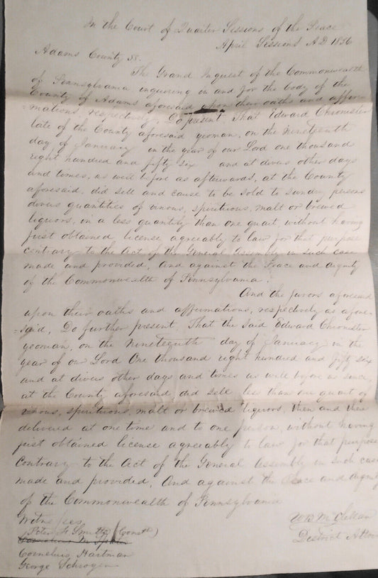 1856 Selling Liquor without license Inquest - Edward Chronister, Adams County PA