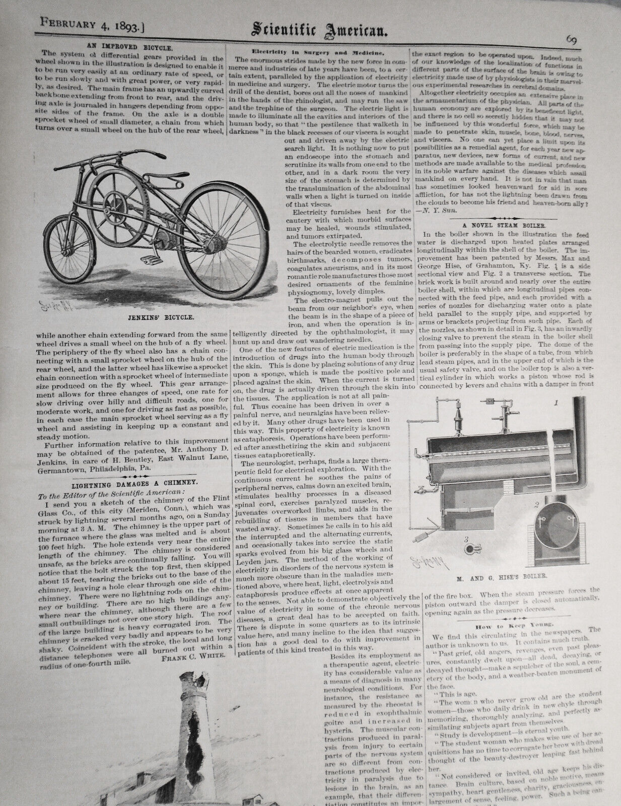 Scientific American February 4, 1893 - Marble Cave Of Missouri; Bicycles; Cats..