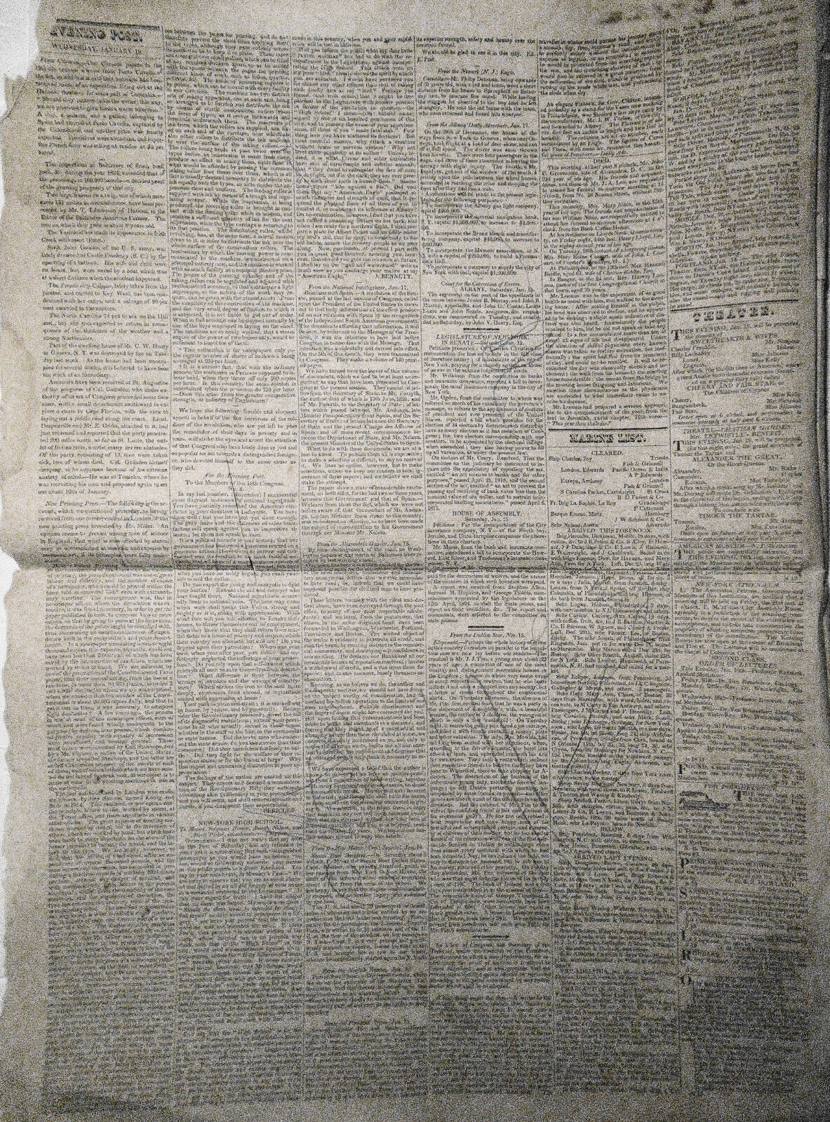 The New-York Evening Post, January 19, 1825. Original, DeWitt Clinton collection