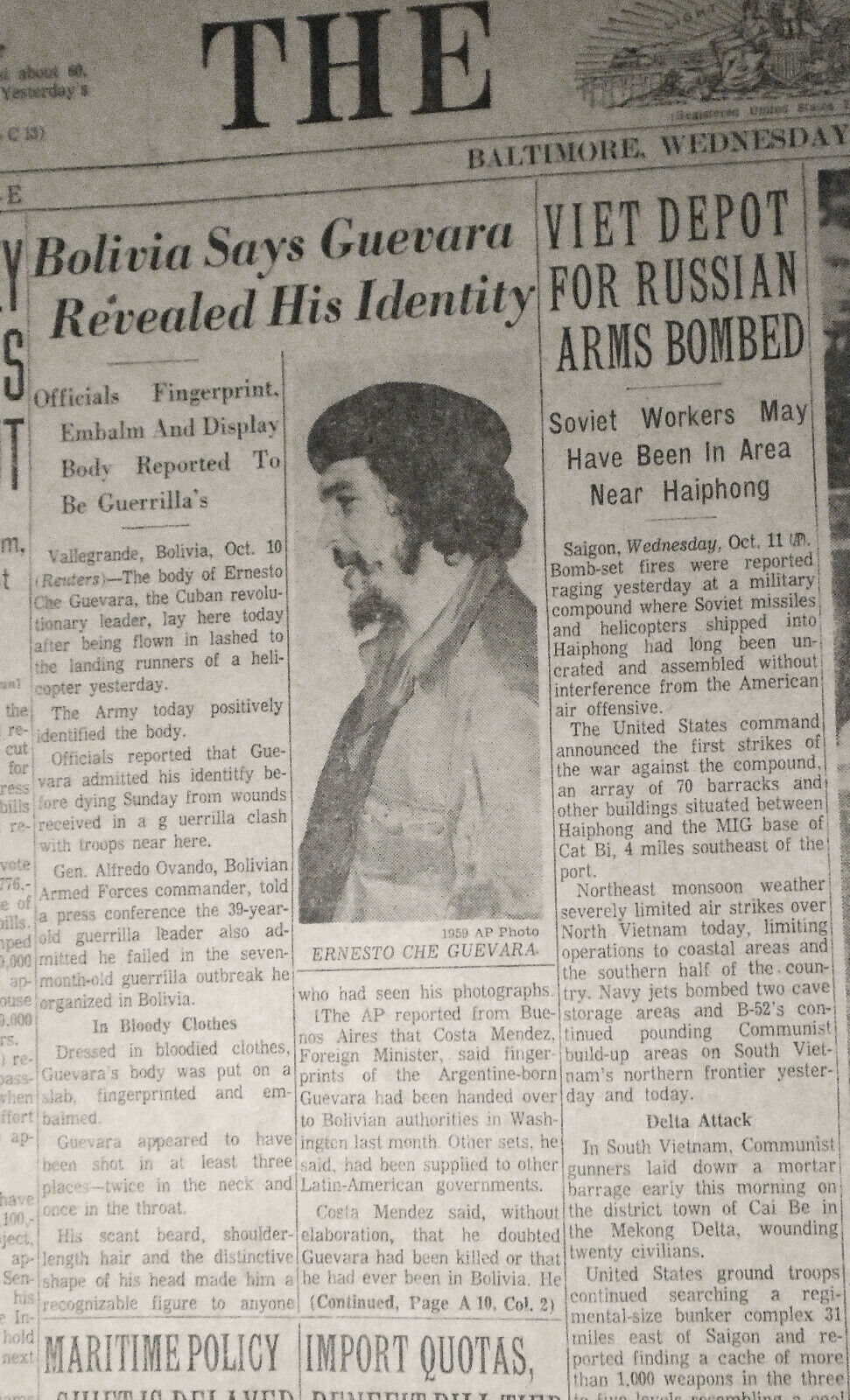 "Guevara revealed his identity" The SUN, Baltimore newspaper, October 11, 1967