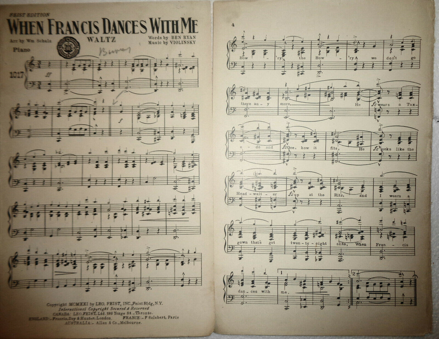 When Francis dances with me,  by Ben Ryan. 1921 orchestra score