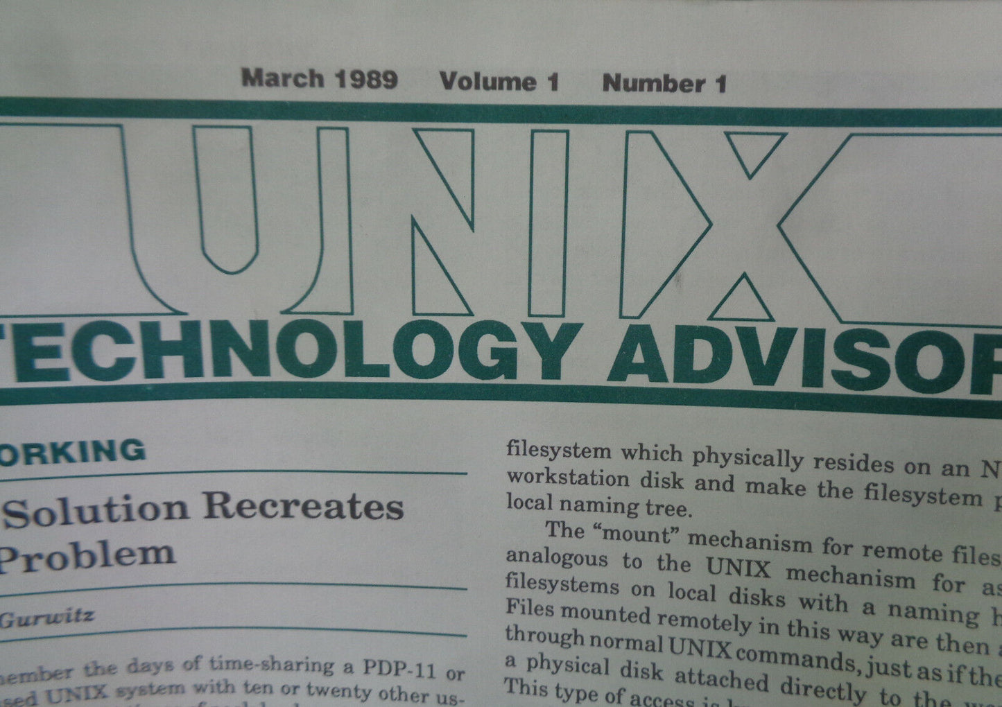 UNIX Technology Advisor, March 1989. Volume 1, Number 1