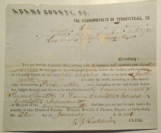 1856 Gettysburg Pennsylvania Court Summons to Appear - Cronister case