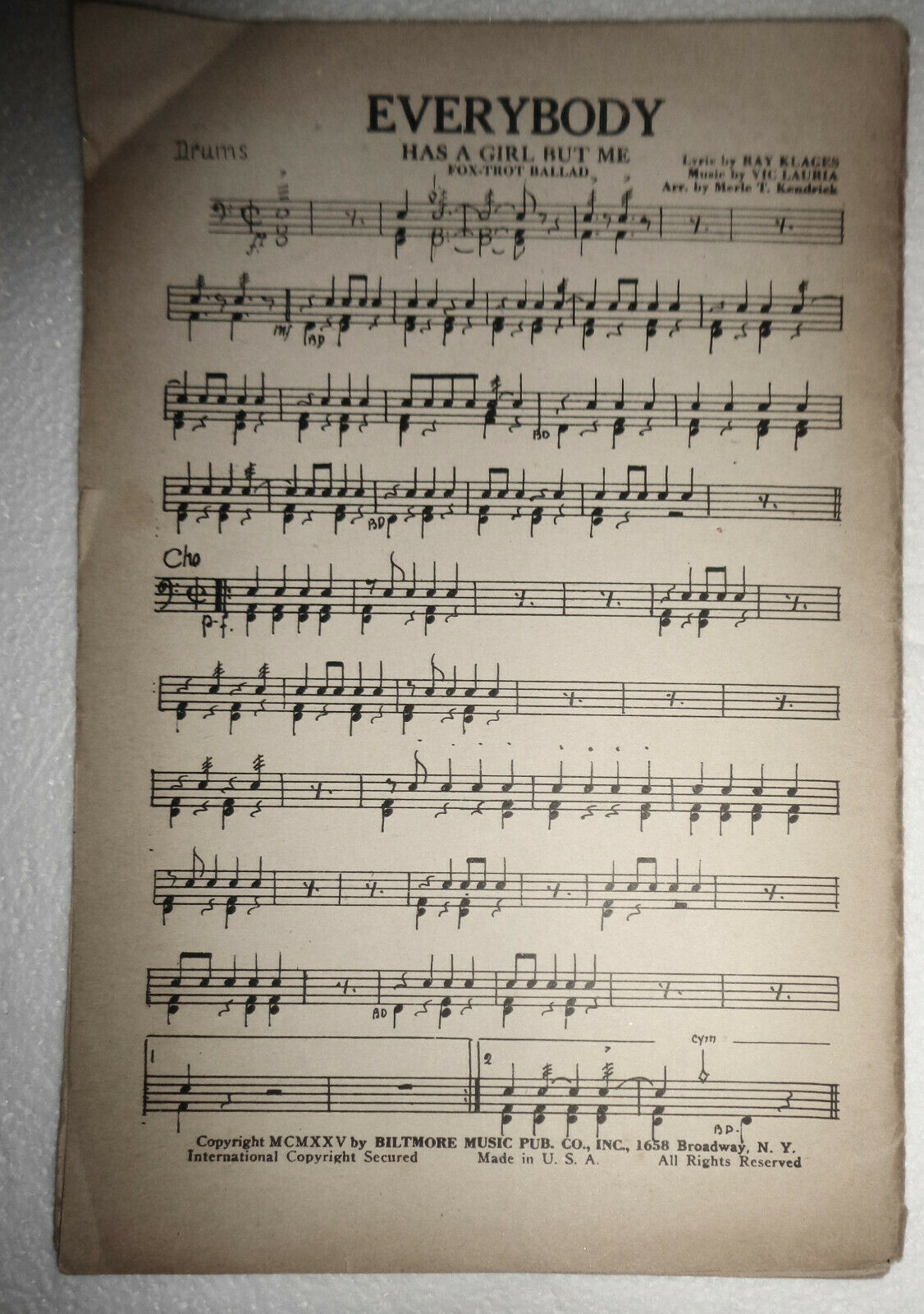 EVERYBODY HAS A GIRL BUT ME, by Ray Klages, Vic Lauria - 1925, For orchestra