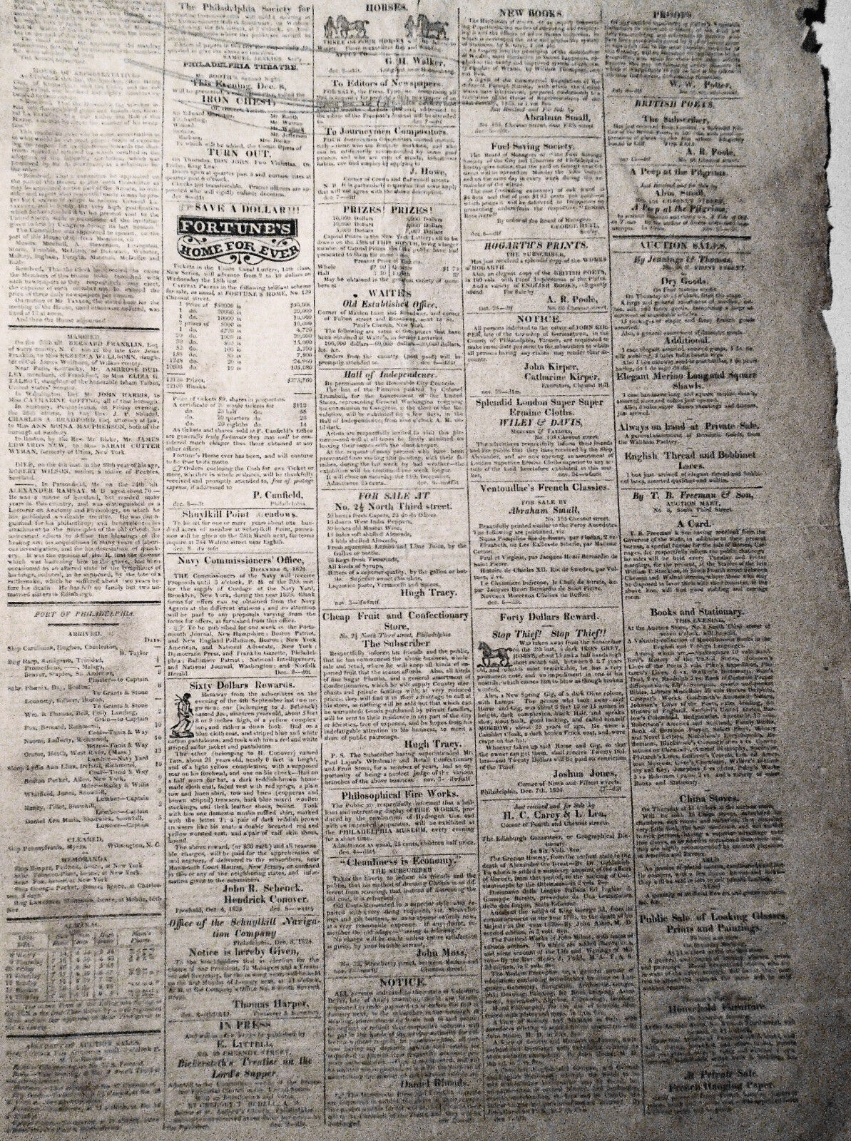 The Democratic Press, Philadelphia, December 8, 1824. Runaway slave rewards ad.