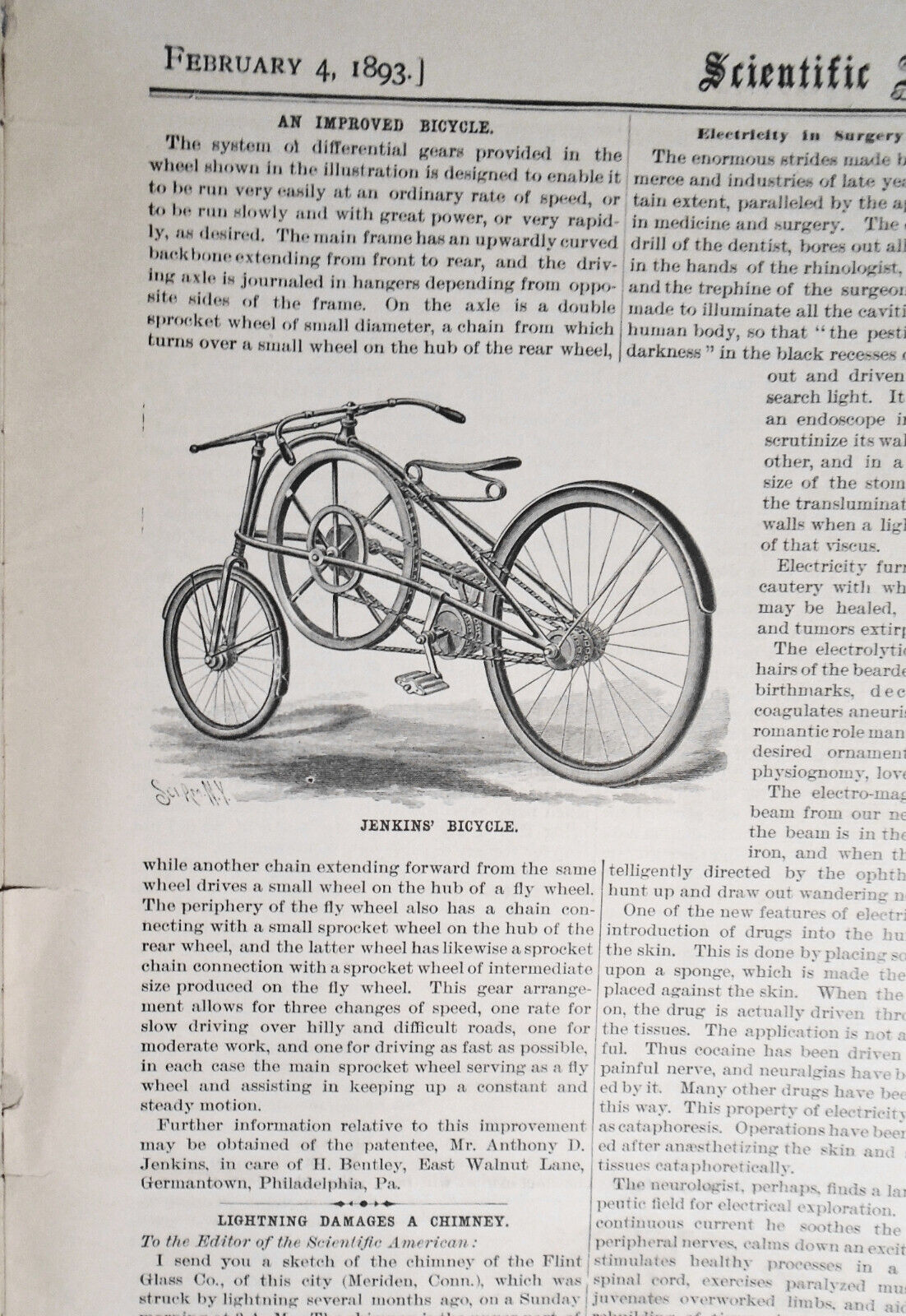 Scientific American February 4, 1893 - Marble Cave Of Missouri; Bicycles; Cats..