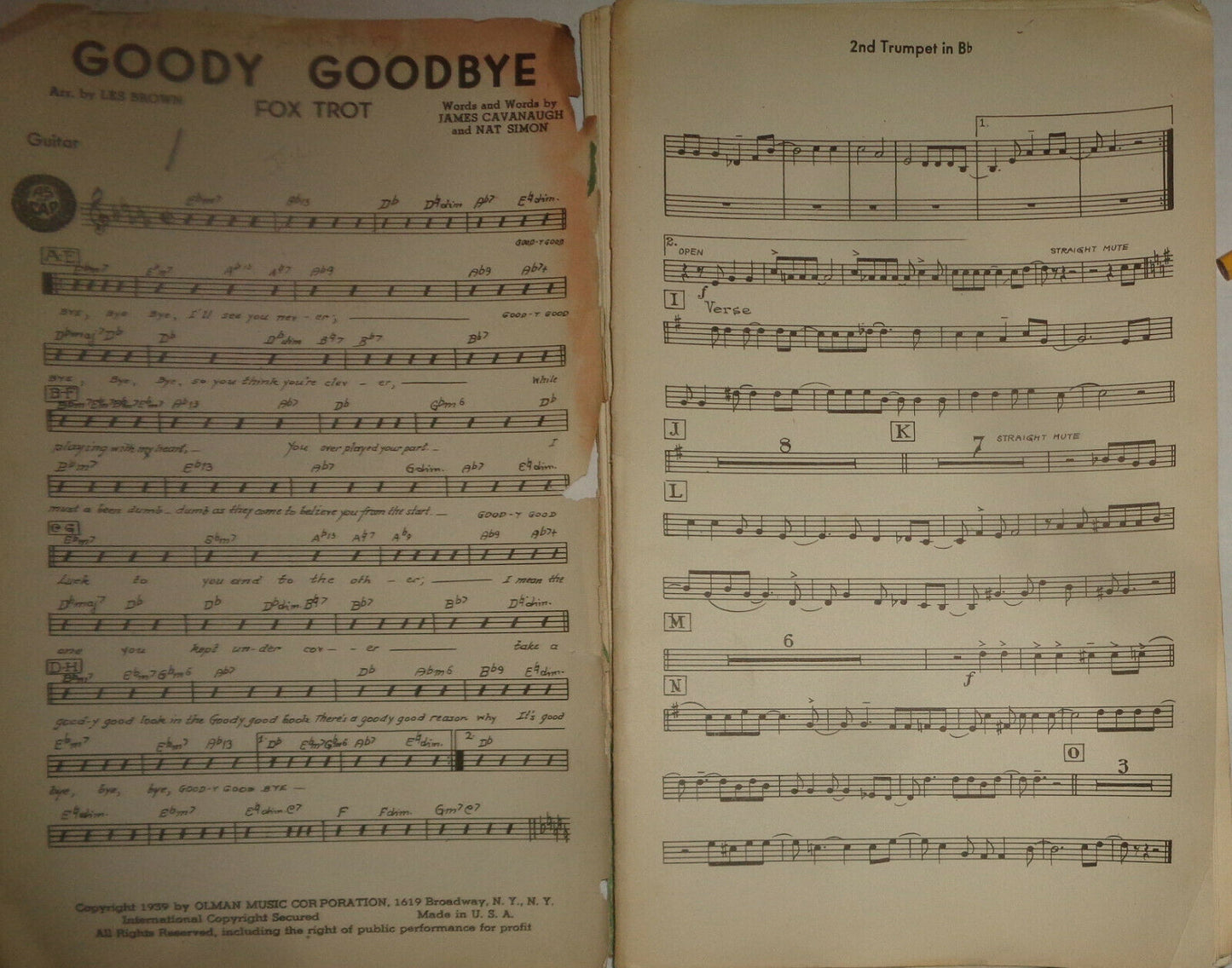 GOODY GOODBYE - fox trot - SHEET MUSIC FOR ORCHESTRA - 1939 - LES BROWN ARRANGED
