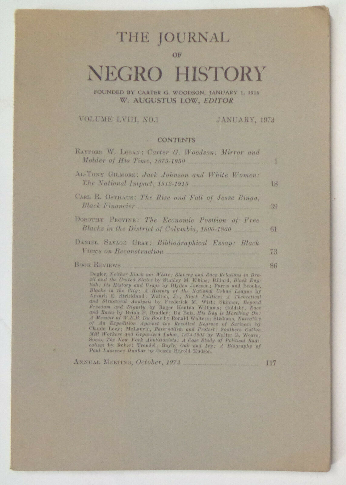 JOURNAL OF NEGRO HISTORY, Jan 1973 - Carter Woodson, Jack Johnson, Jesse Binga