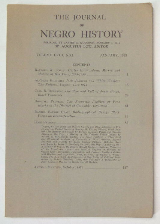 JOURNAL OF NEGRO HISTORY, Jan 1973 - Carter Woodson, Jack Johnson, Jesse Binga