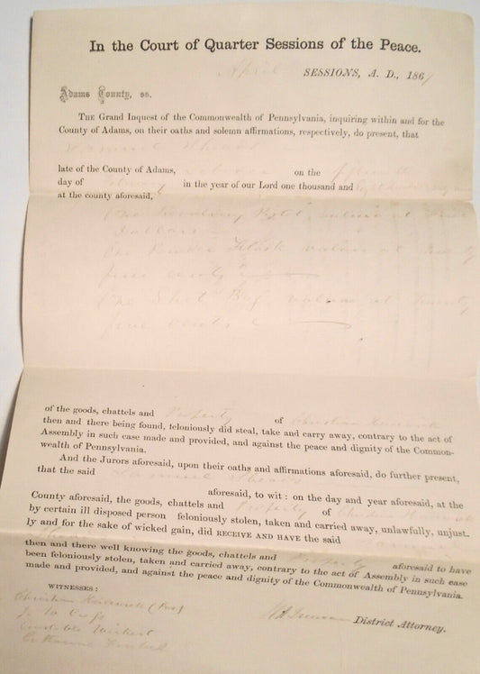 1867 Guilty Plea of Samuel Sheads for Stealing , Adams County PA Grand Inquest