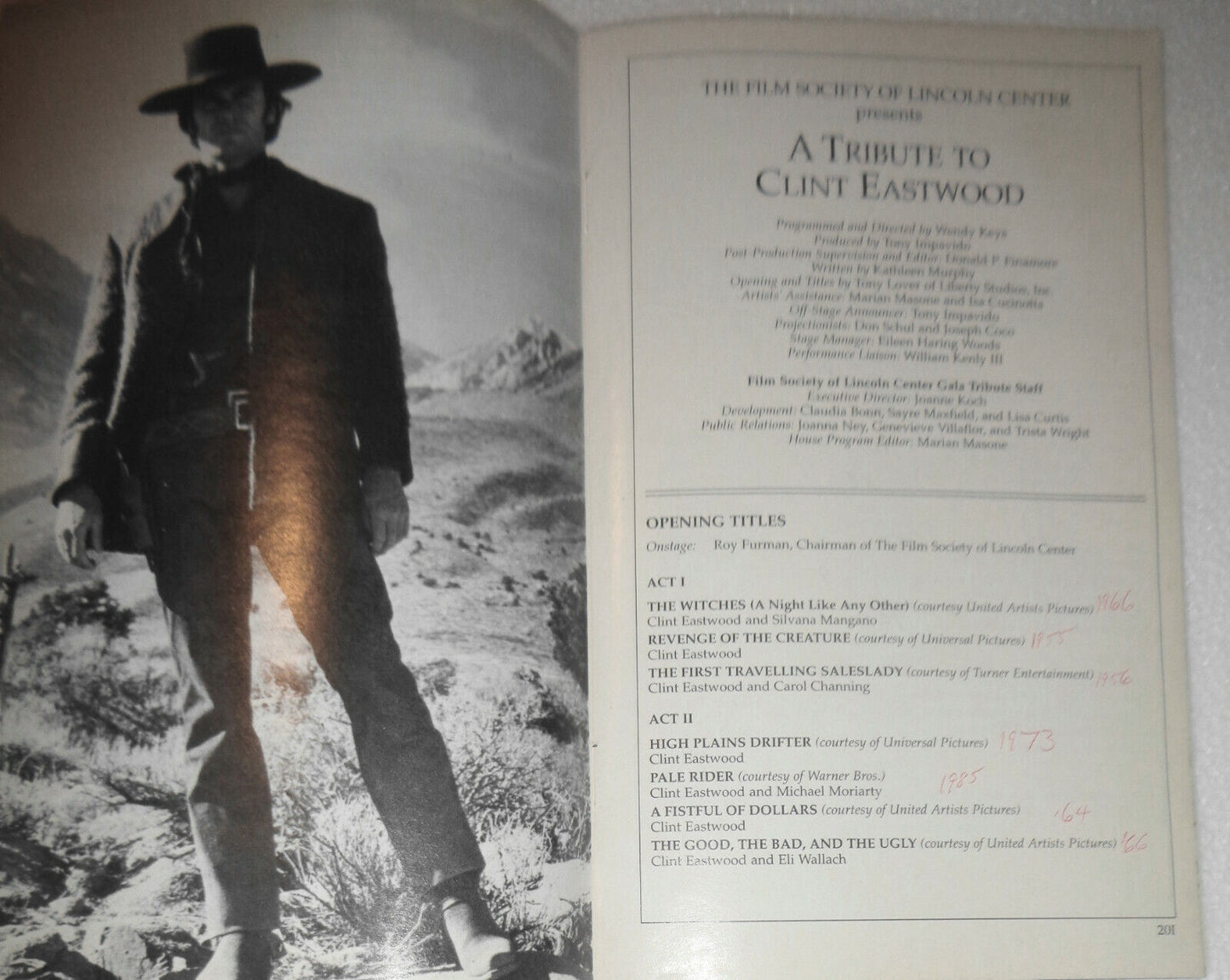 A TRIBUTE TO CLINT EASTWOOD - STAGEBILL, MAY 1996 Film Society of Lincoln Center