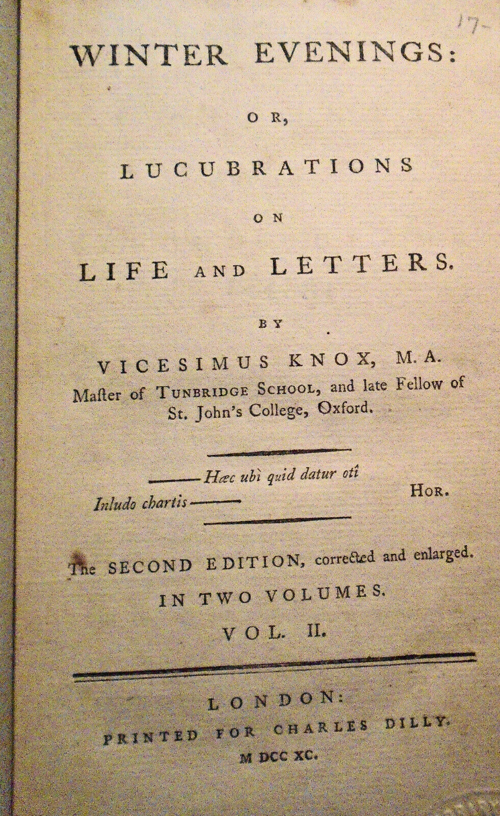 1790 Winter evenings: or, lucubrations on life and letters : By Vicesimus Knox