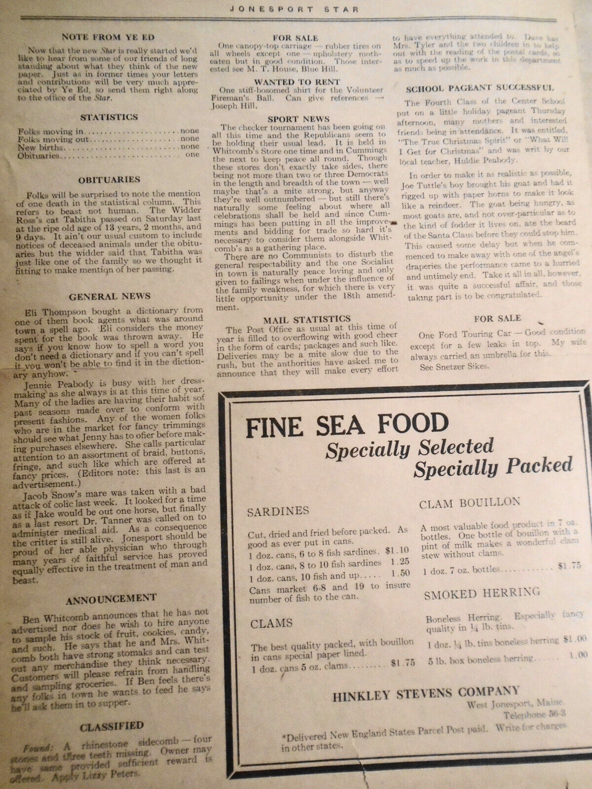 Jonesport Star, December 22, 1930 - Christmas issue - Jonesport Maine newspaper