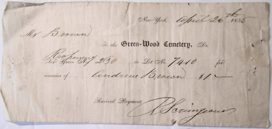 Green-Wood Cemetery Brooklyn NYC $1 Receipt for reopening Grave, April 26, 1855