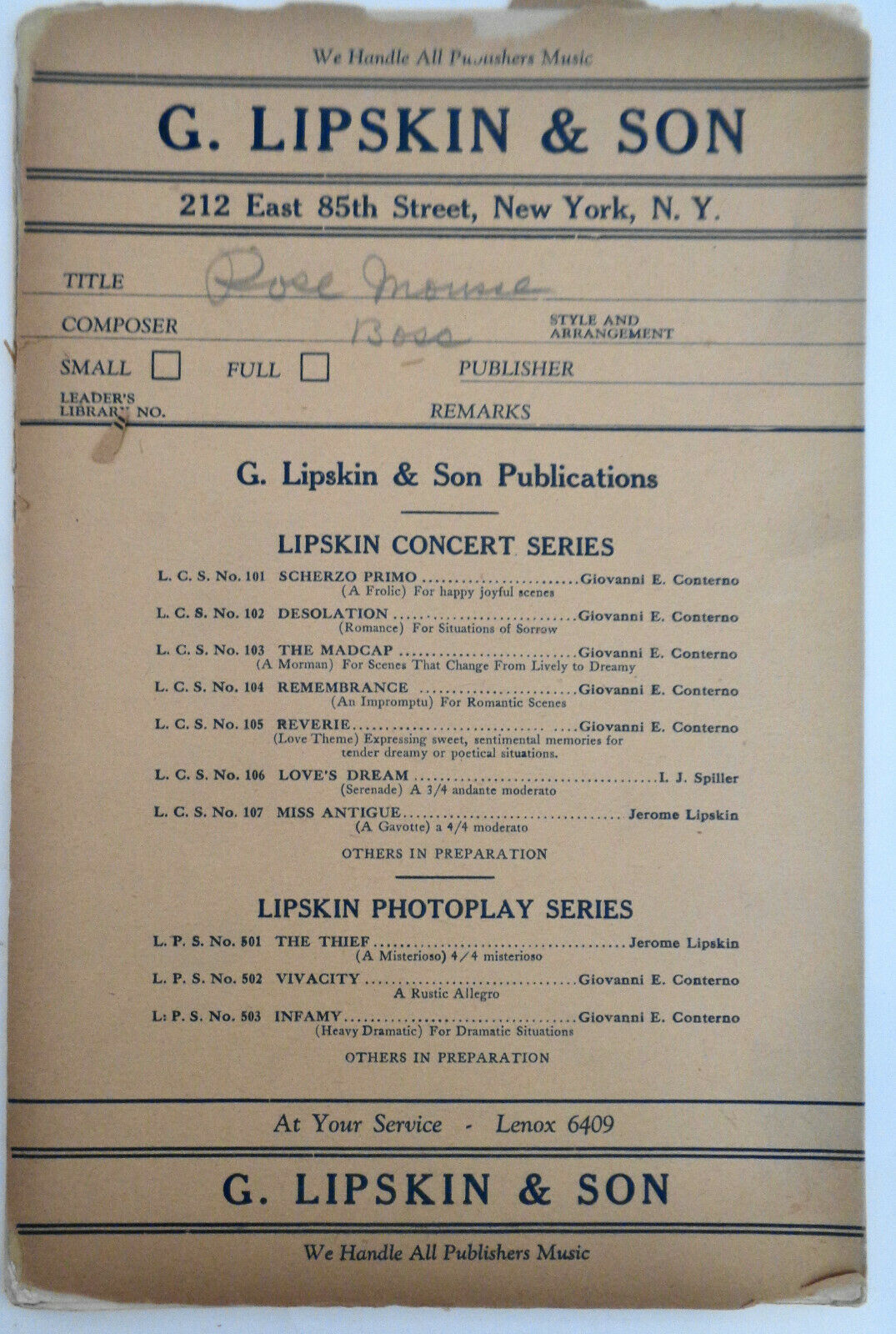 "ROSE-MOUSSE" (ENTR' ACTE.) VALSE LENTE, by Auguste Bosc, 1902 - For orchestra
