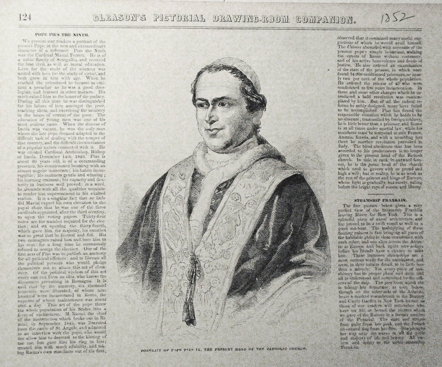 1852  Pope Pius IX  & Steamship Franklin leaving  Hayre -- 2 prints - Gleason's