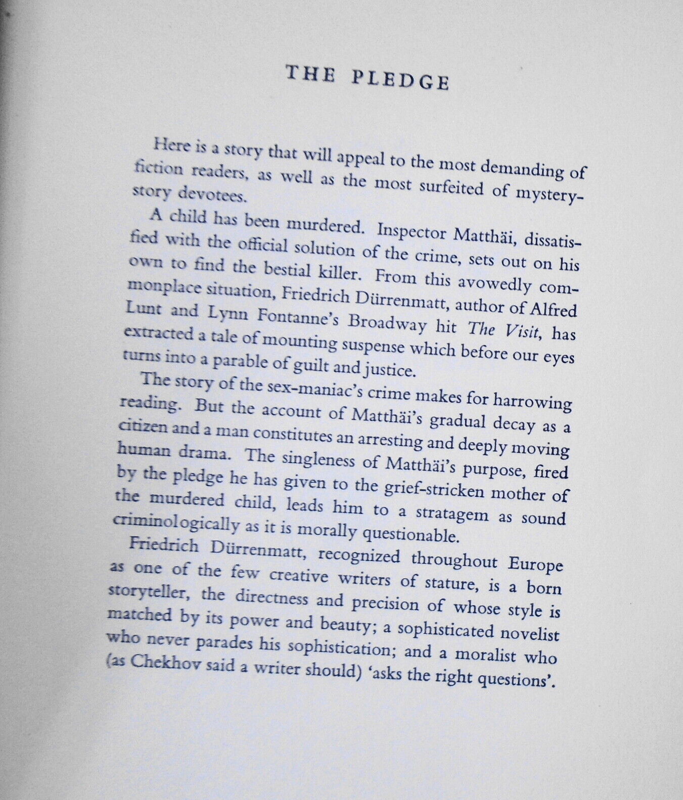 The Pledge, by Friedrich Durrenmatt. First edition. 1959. Jonathan Cape, London