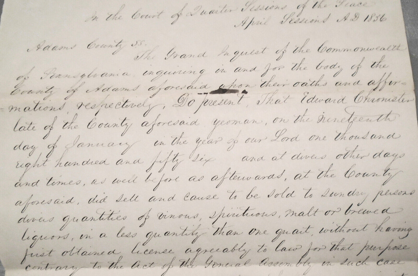 1856 Selling Liquor without license Inquest - Edward Chronister, Adams County PA