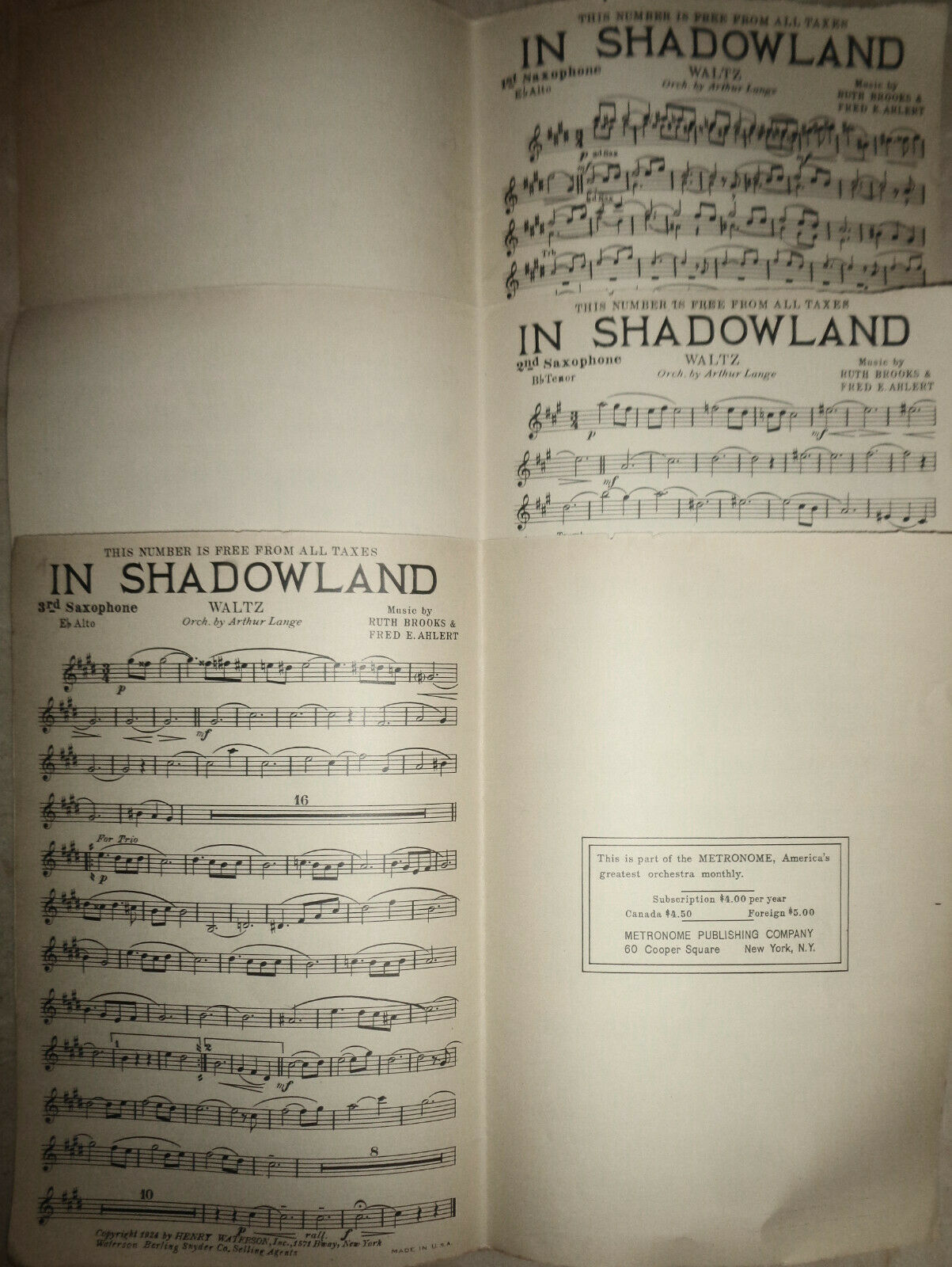 In Shadowland, by Ruth Brooks / Ah - Ha! by Monaco on verso - 1924 for orchestra