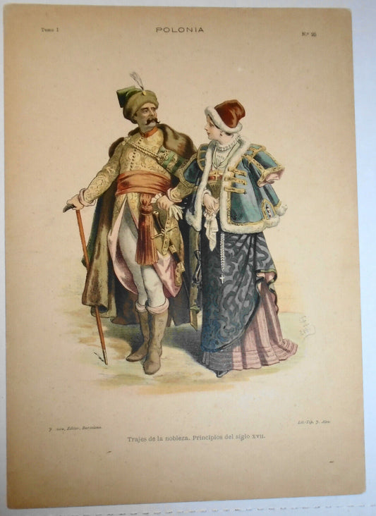 POLONIA costumes of nobility -  lithograph ca 1890 by J. Aleu, Barcelona.