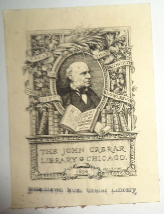John Crerar Library, Chicago Ex-libris Bookplate, by E. D. French. 1896