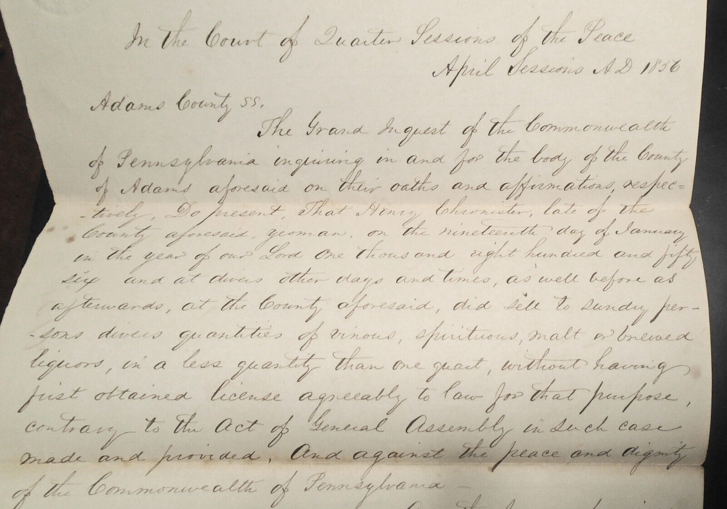 1856 Selling liquor without license to a minor  - Gettysburg Pennsylvania.