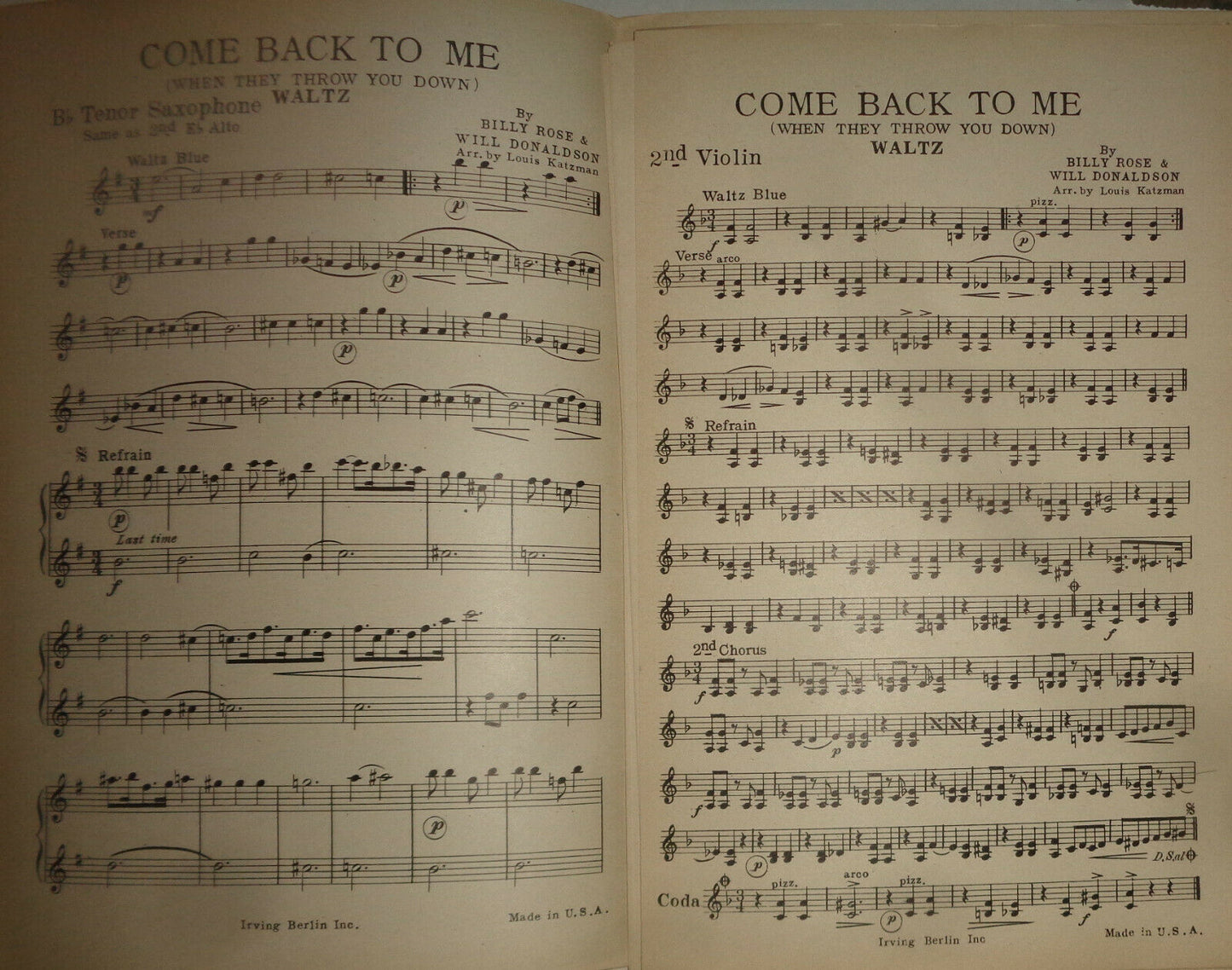 BILLY ROSE - COME BACK TO ME -SYNCOPATED WALTZ -SHEET MUSIC FOR ORCHESTRA - 1924