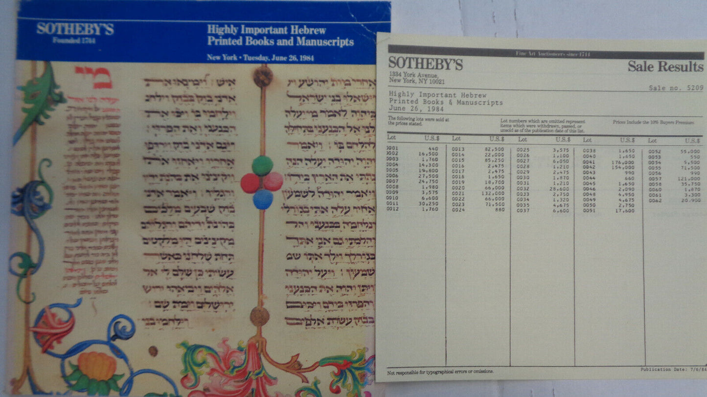 6 Sotheby's Catalogs: Judaica / Hebraica / Hebrew Printed Books & Manuscripts..
