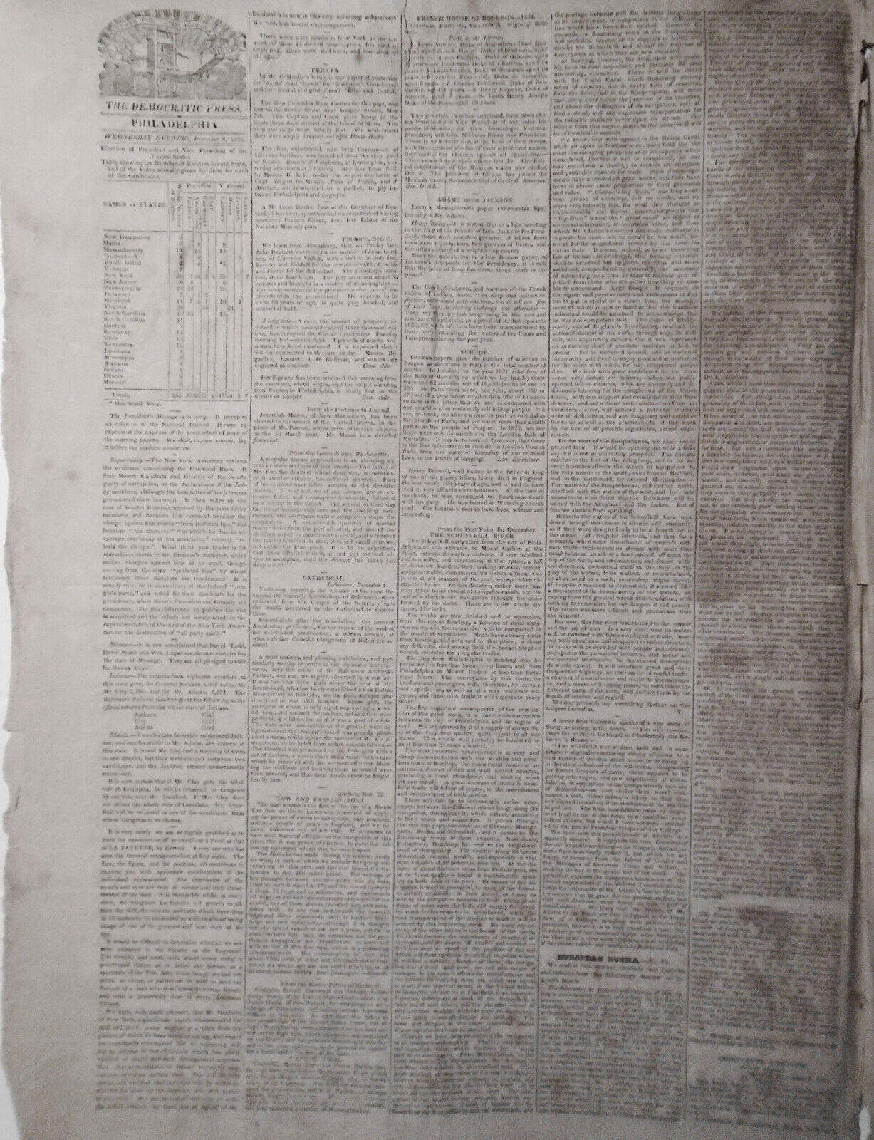 The Democratic Press, Philadelphia, December 8, 1824. Runaway slave rewards ad.