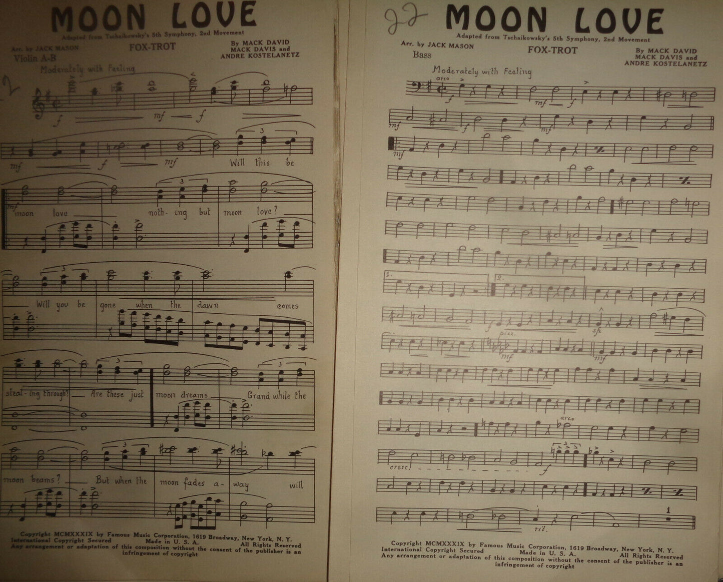 MOON LOVE - FOX TROT - SHEET MUSIC FOR ORCHESTRA - 1939