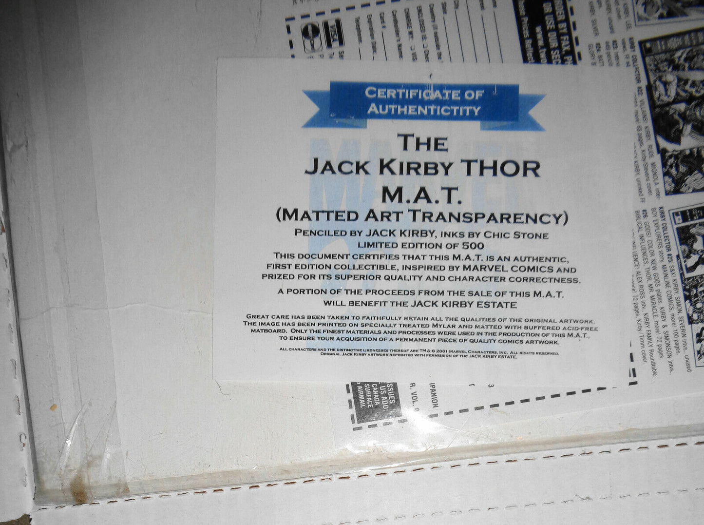 The Jack Kirby THOR M.A.T. Matted Art Transparency 2001 # 121 of 500