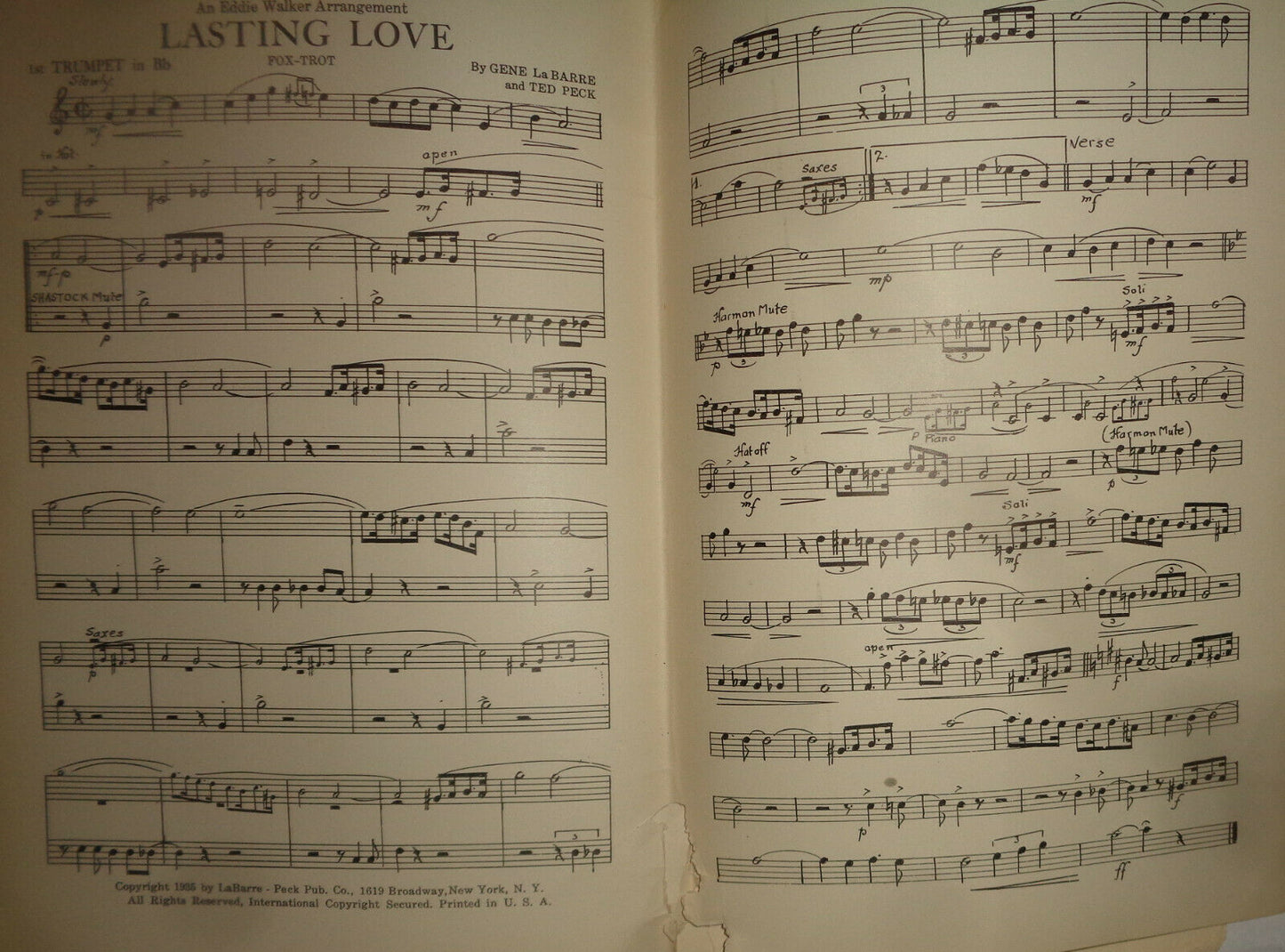 LASTING LOVE -  FOX TROT - SHEET MUSIC FOR ORCHESTRA - 1935