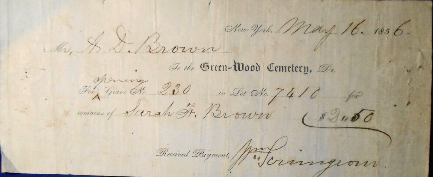 1854 Green-Wood Cemetery Brooklyn NYC Receipt for reopening Grave