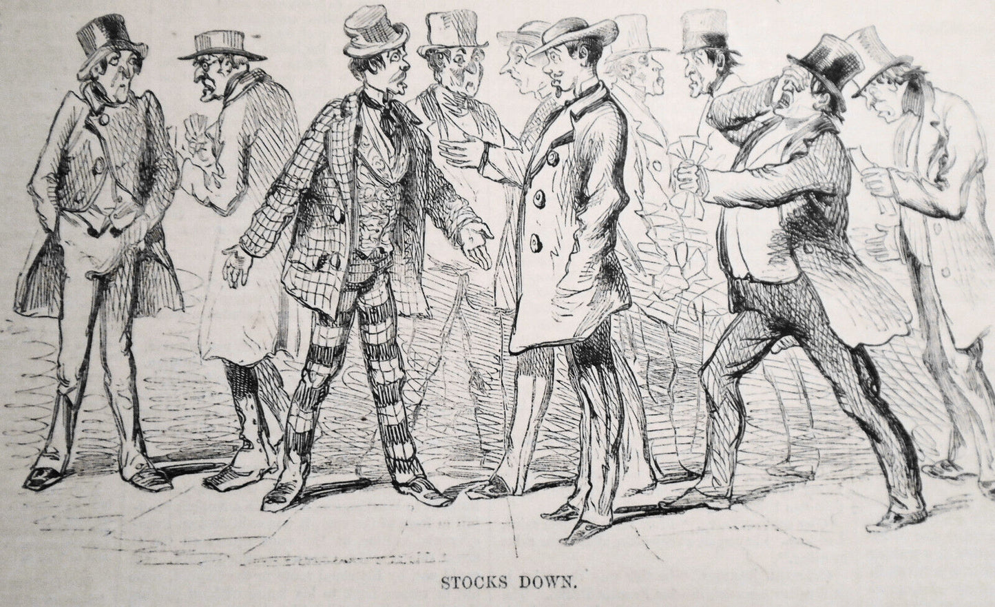 "Stocks Down" - "A Stupendous Rise" - "A Tremendous Fall" - "Stocks Up" - 1858