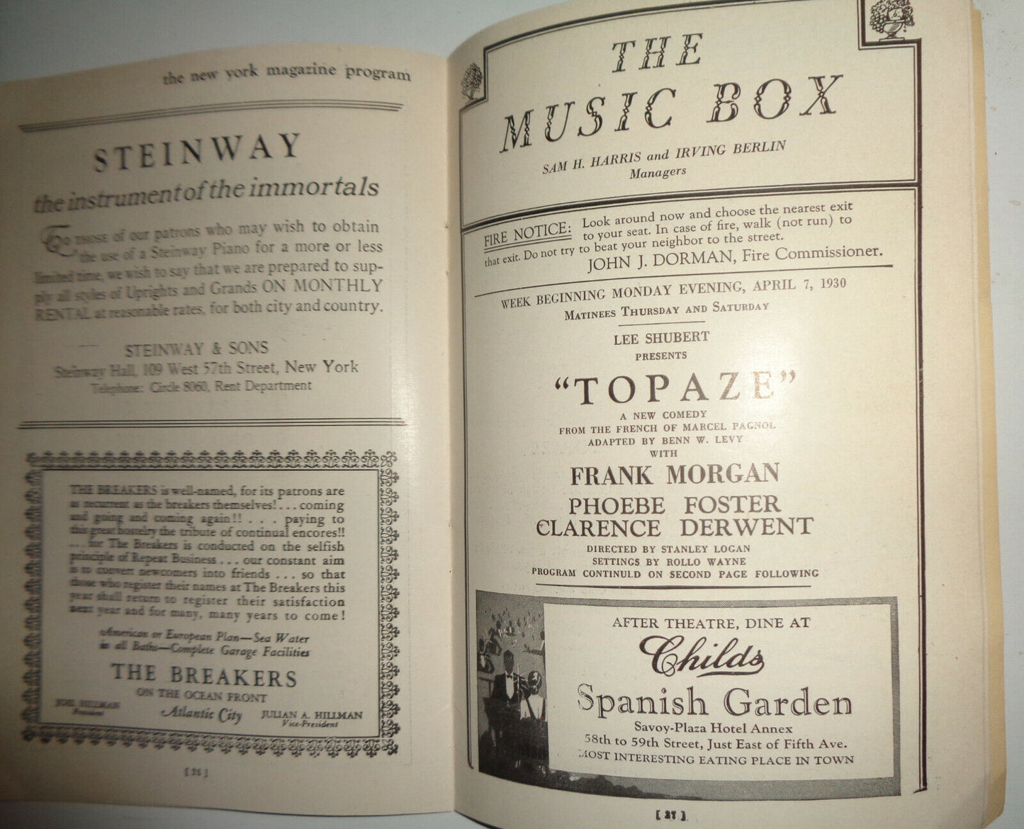 TOPAZE - Souvenir Program - NEW YORK: THE MUSIC BOX, 1930.