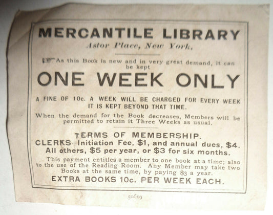 Mercantile Library, New York Ex Libris Bookplate - 19th century - 1 week variant