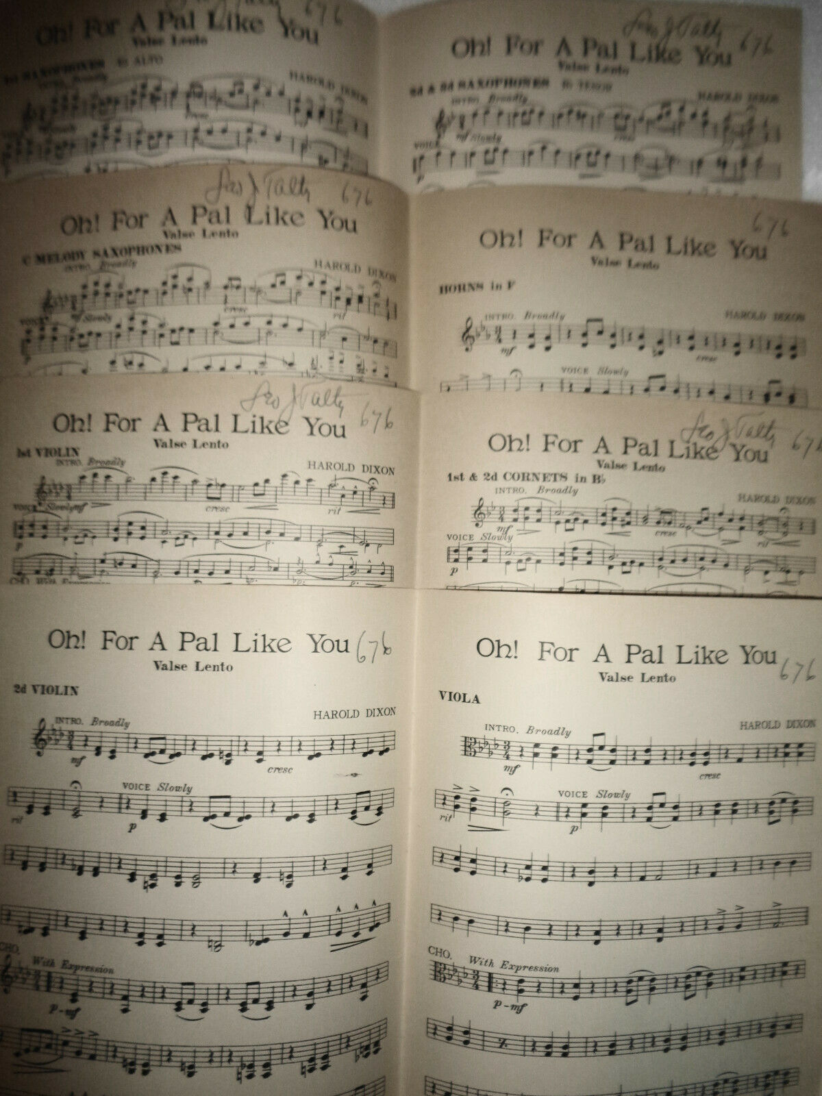Oh, for a pal like you, Valse Lento, by Harold Dixon - 1924 for orchestra