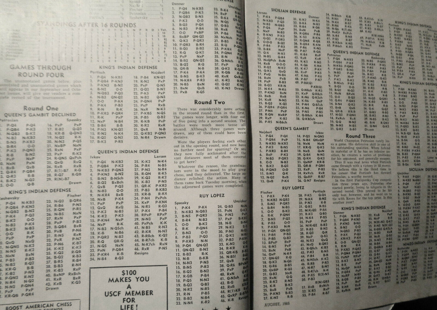 Chess Life, August 1966 - Piatigorsky Cup - Spassky, Fischer