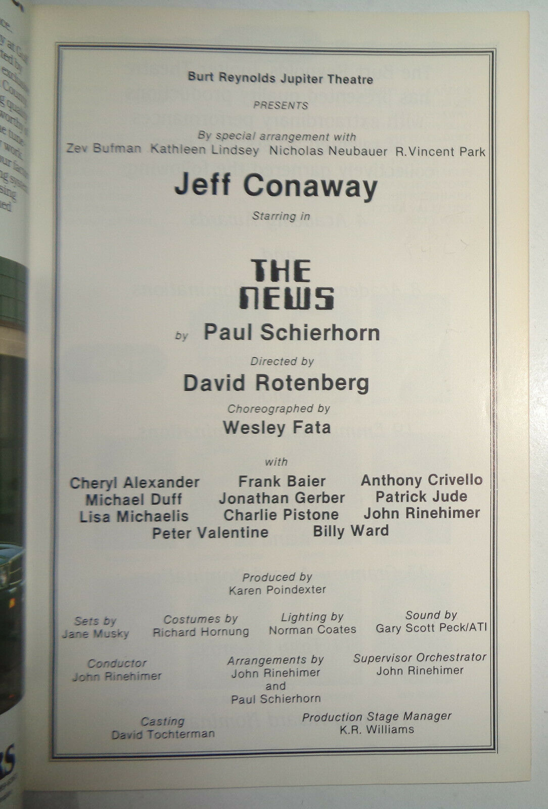 THE NEWS - SOUVENIR PROGRAM -  1985 BURT REYNOLDS JUPITER THEATRE, NEW YORK: