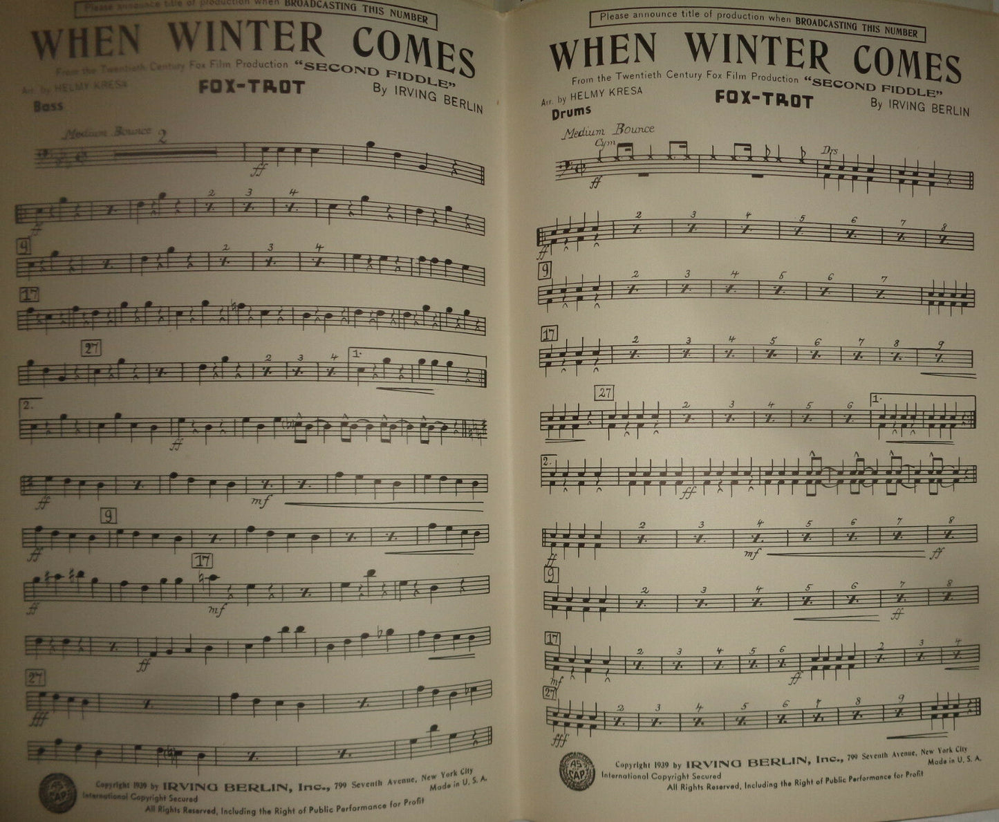 WHEN WINTER COMES - FOX TROT - SHEET MUSIC FOR ORCHESTRA - 1939