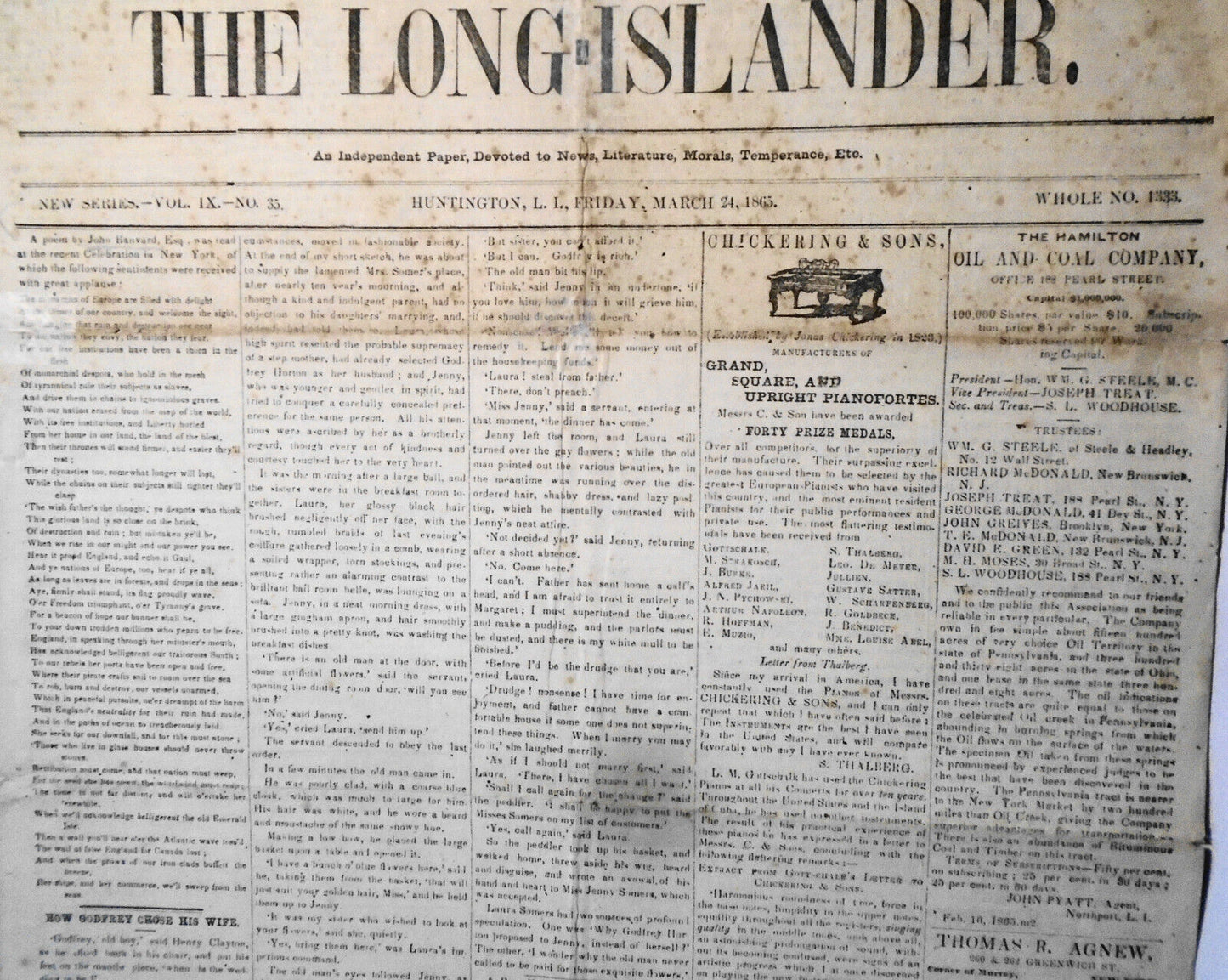 The Long-Islander, March 24, 1865. Civil war; negro captain Robert Small, etc.