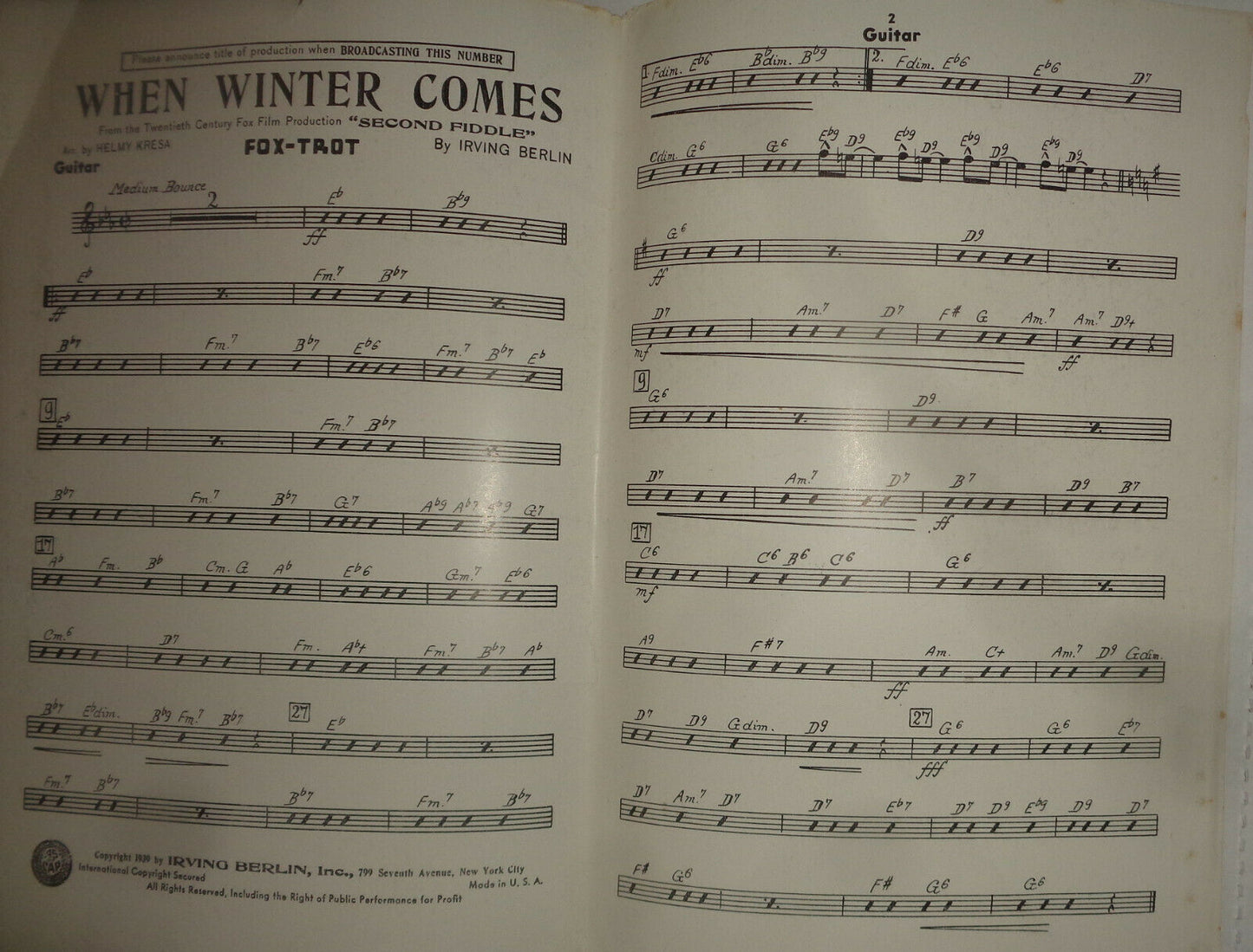 WHEN WINTER COMES - FOX TROT - SHEET MUSIC FOR ORCHESTRA - 1939