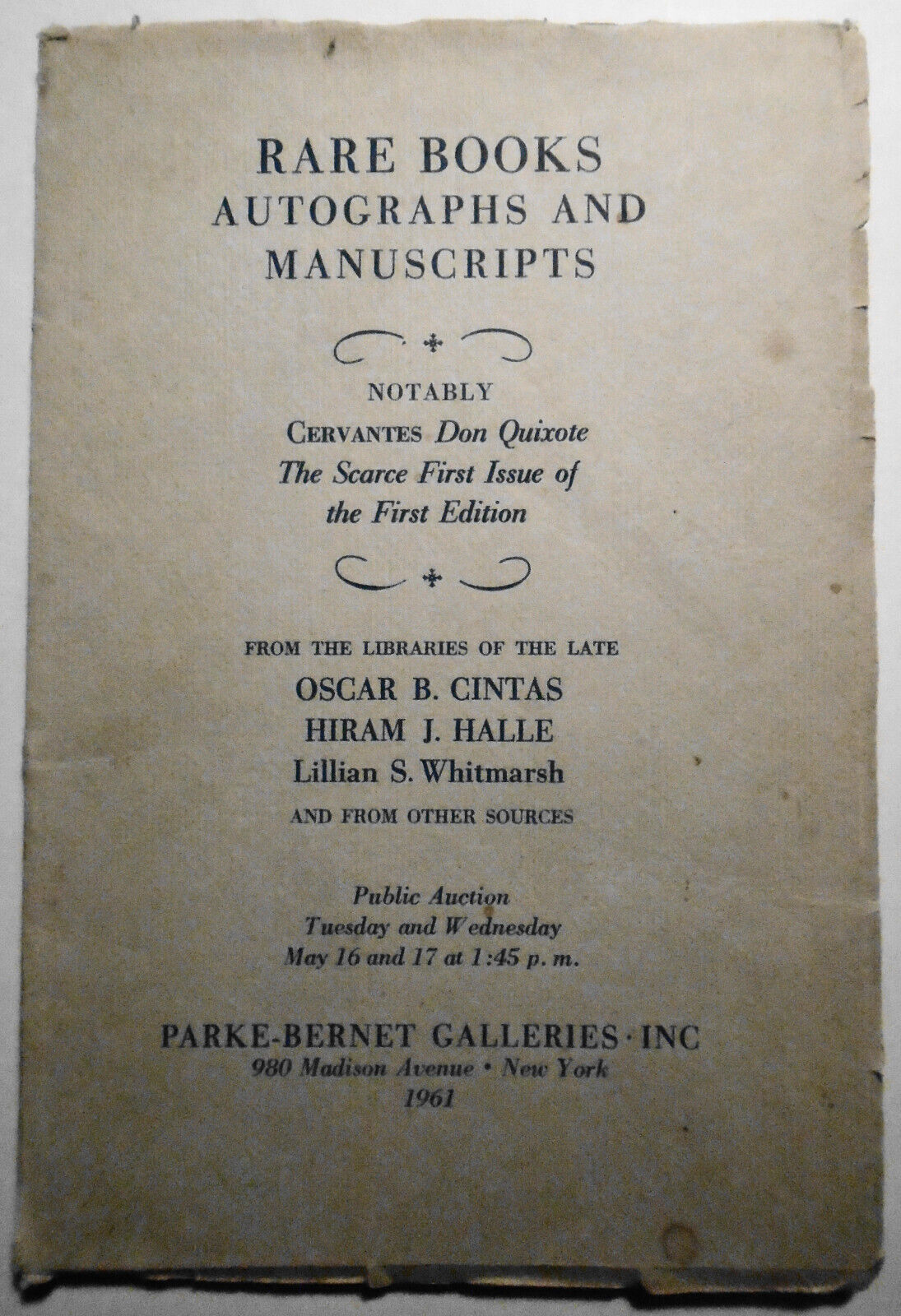 1961 - Extremely scarce first issue Cervantes 'Don Quixote'. Parke-Bernet Cintas