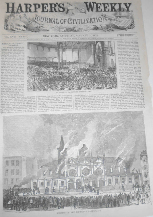 Burning Of The Brooklyn Tabernacle - Harper's Weekly Jan 11, 1873 - original